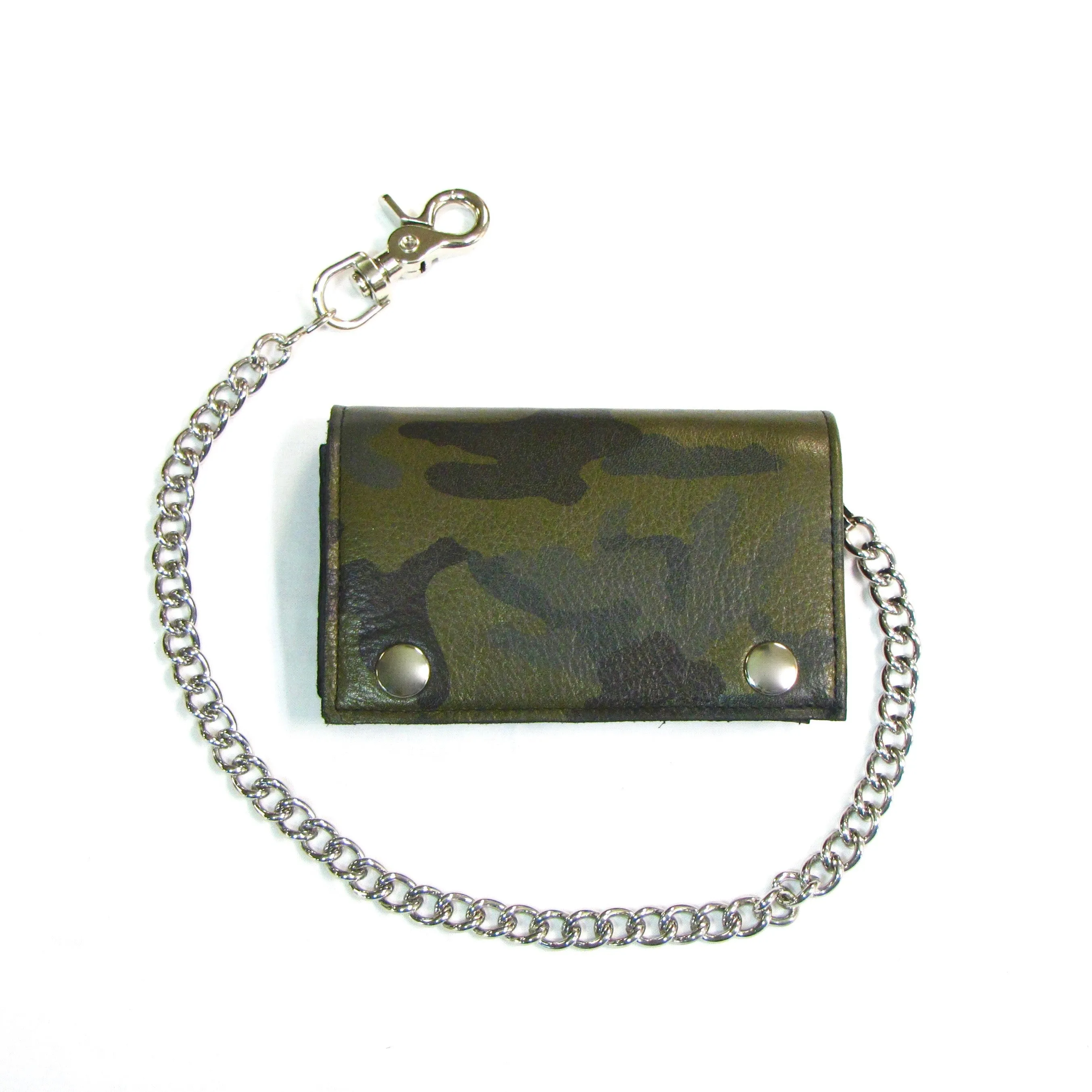 OCF817  XL Camo Print Leather Tri-Fold Chain Wallet- Olive
