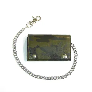 OCF817  XL Camo Print Leather Tri-Fold Chain Wallet- Olive