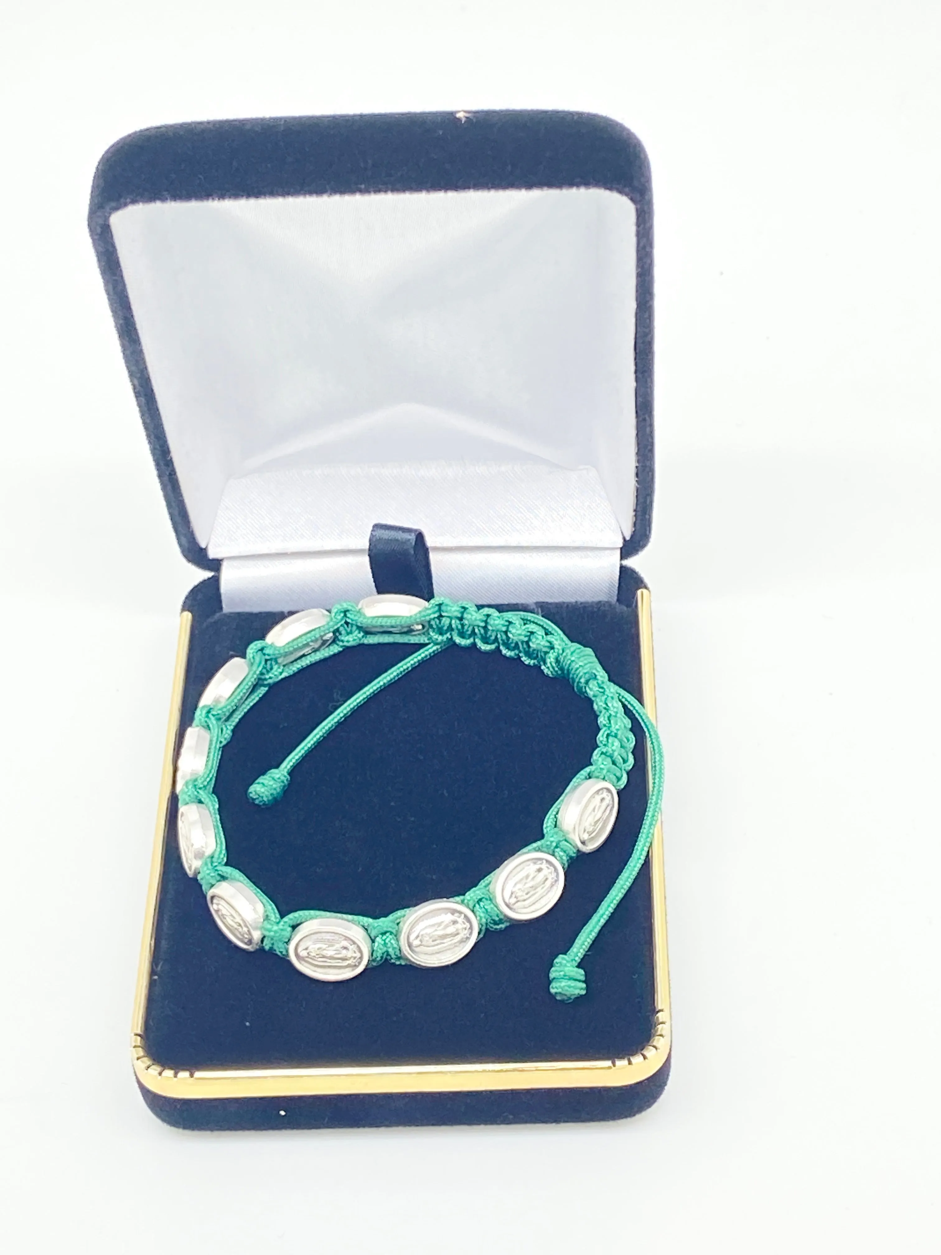 Our Lady of Guadalupe Italian Medals and Slip Knot Bracelet (Green)