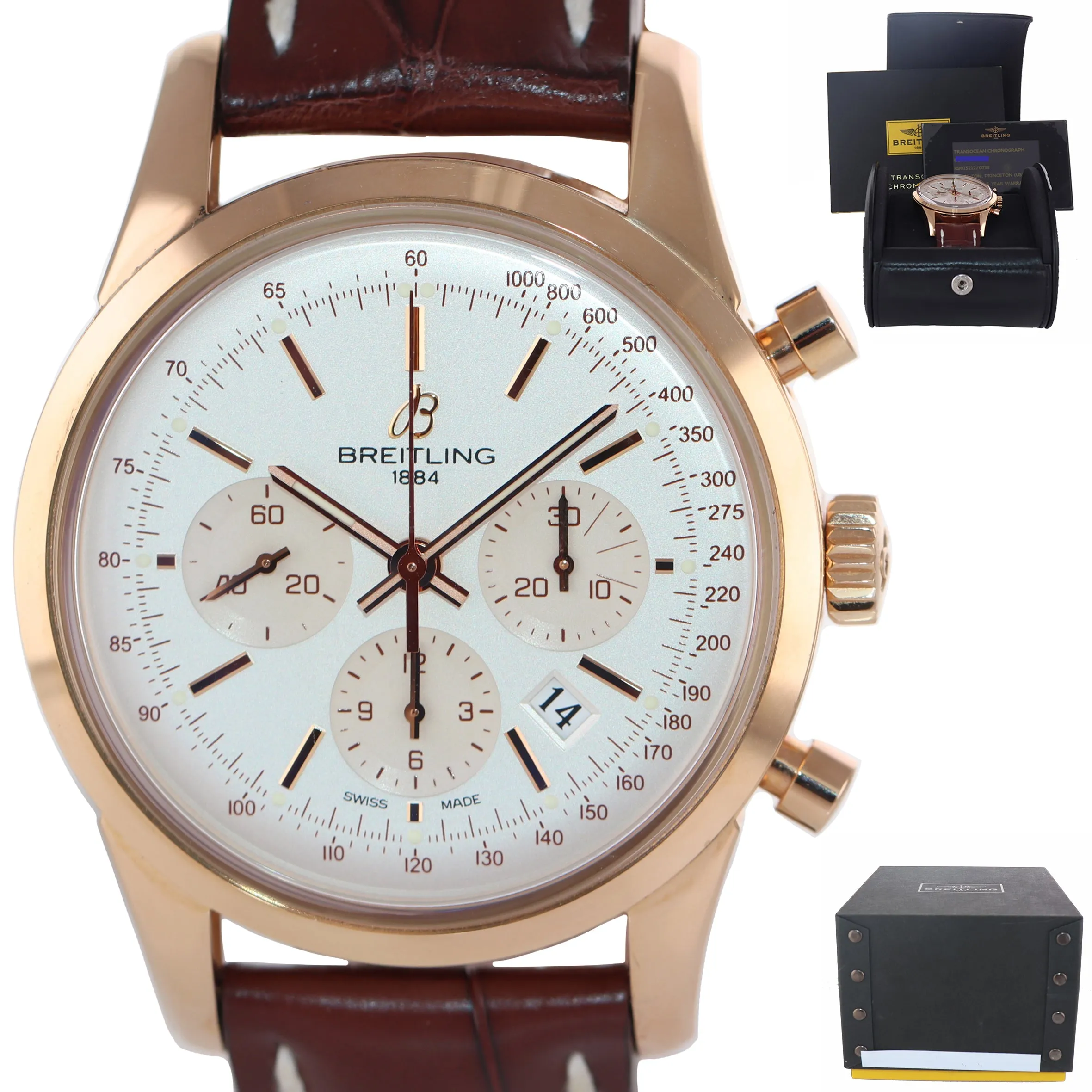 PAPERS Breitling Transocean Chronograph 18K Rose Gold RB0152 43mm Silver Watch