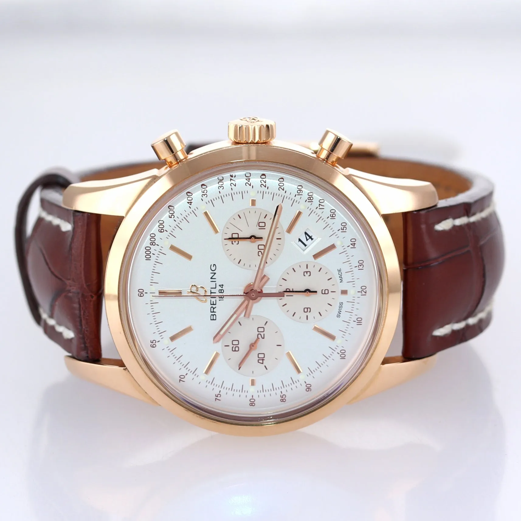 PAPERS Breitling Transocean Chronograph 18K Rose Gold RB0152 43mm Silver Watch