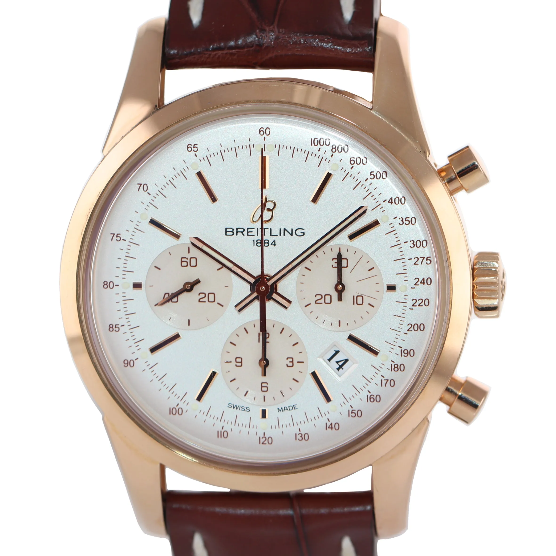 PAPERS Breitling Transocean Chronograph 18K Rose Gold RB0152 43mm Silver Watch