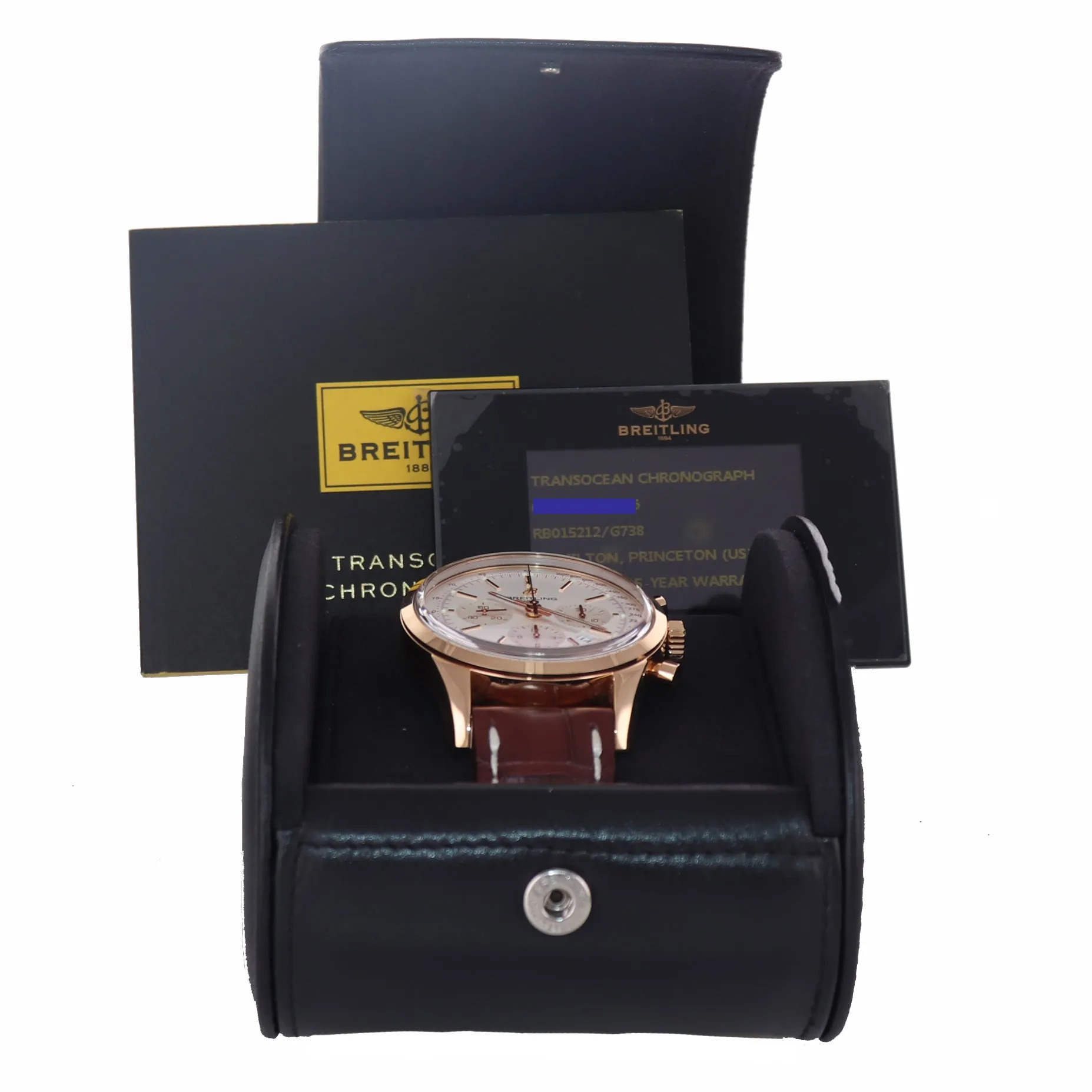 PAPERS Breitling Transocean Chronograph 18K Rose Gold RB0152 43mm Silver Watch