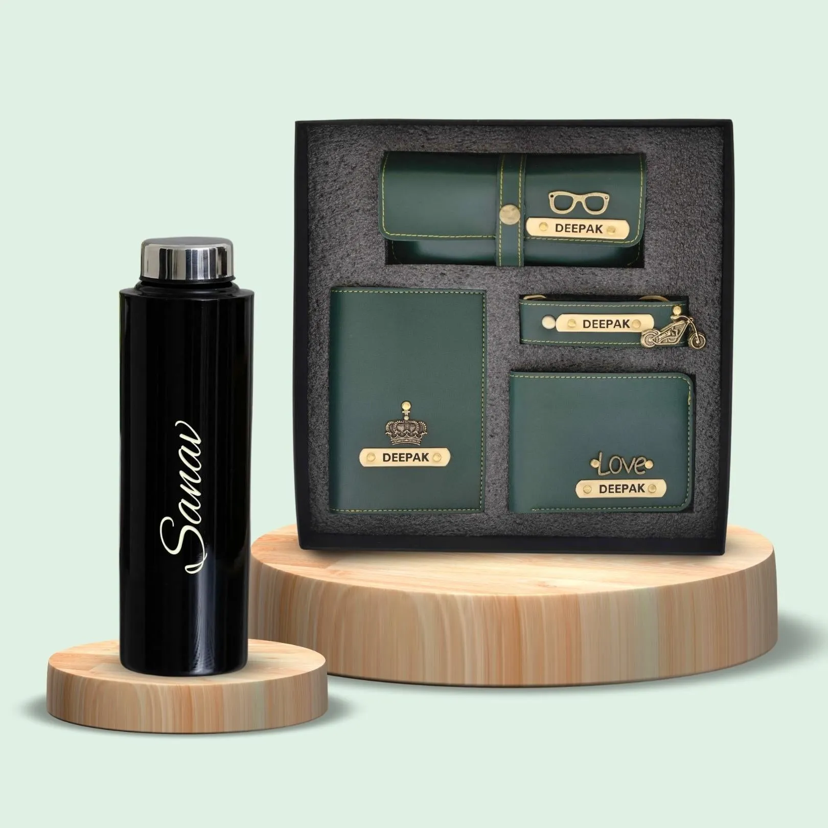 Personalised Black Classic Smart Bottle (1 Litre) & All in One Men's Combo (4 pcs)  - Olive Green