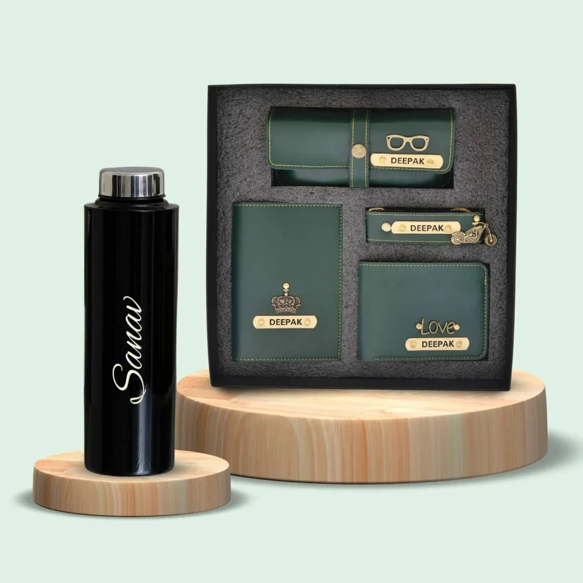 Personalised Black Classic Smart Bottle (1 Litre) & All in One Men's Combo (4 pcs)  - Olive Green