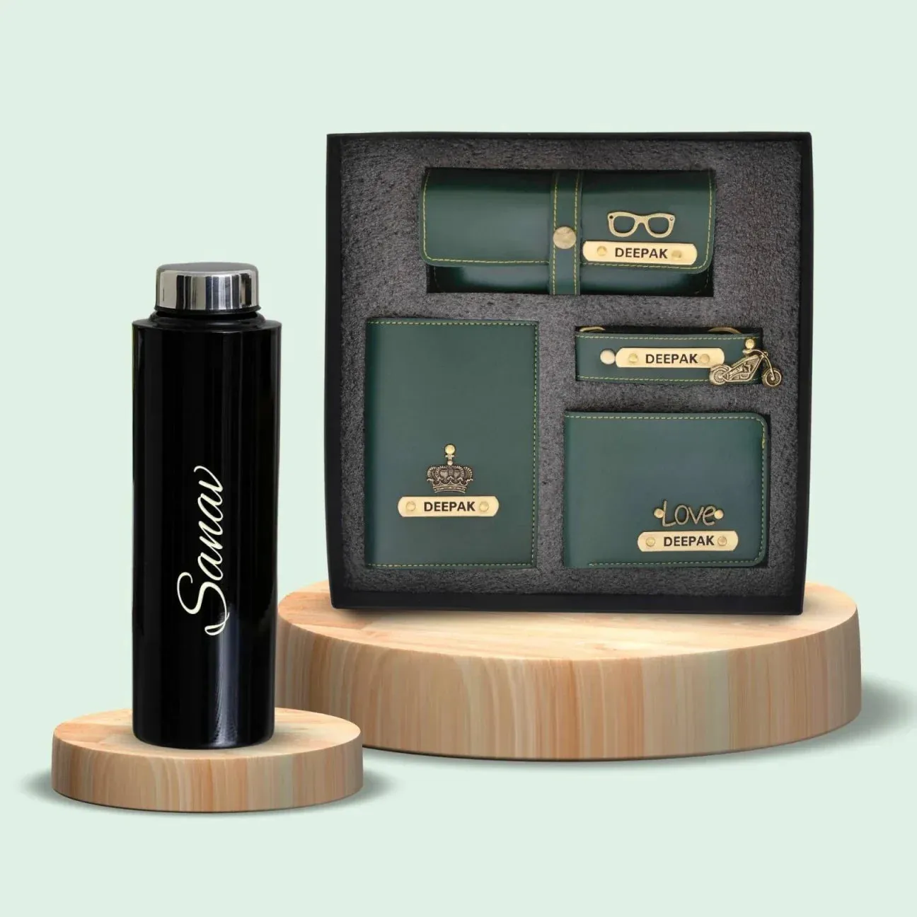Personalised Black Classic Smart Bottle (1 Litre) & All in One Men's Combo (4 pcs)  - Olive Green