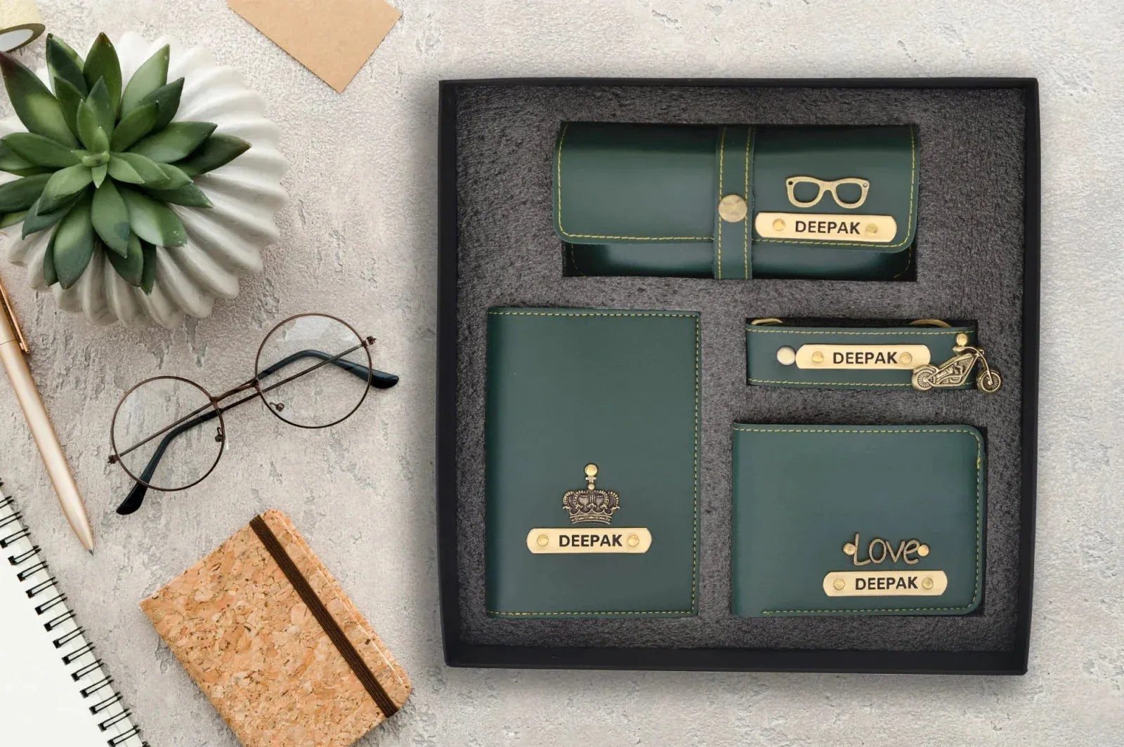 Personalised Black Classic Smart Bottle (1 Litre) & All in One Men's Combo (4 pcs)  - Olive Green