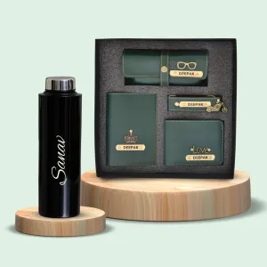 Personalised Black Classic Smart Bottle (1 Litre) & All in One Men's Combo (4 pcs)  - Olive Green