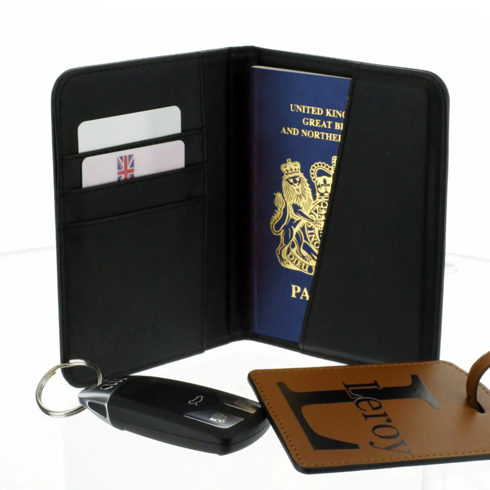 Personalised Passport Case & Tag with Black World Map & Text - White Glitter