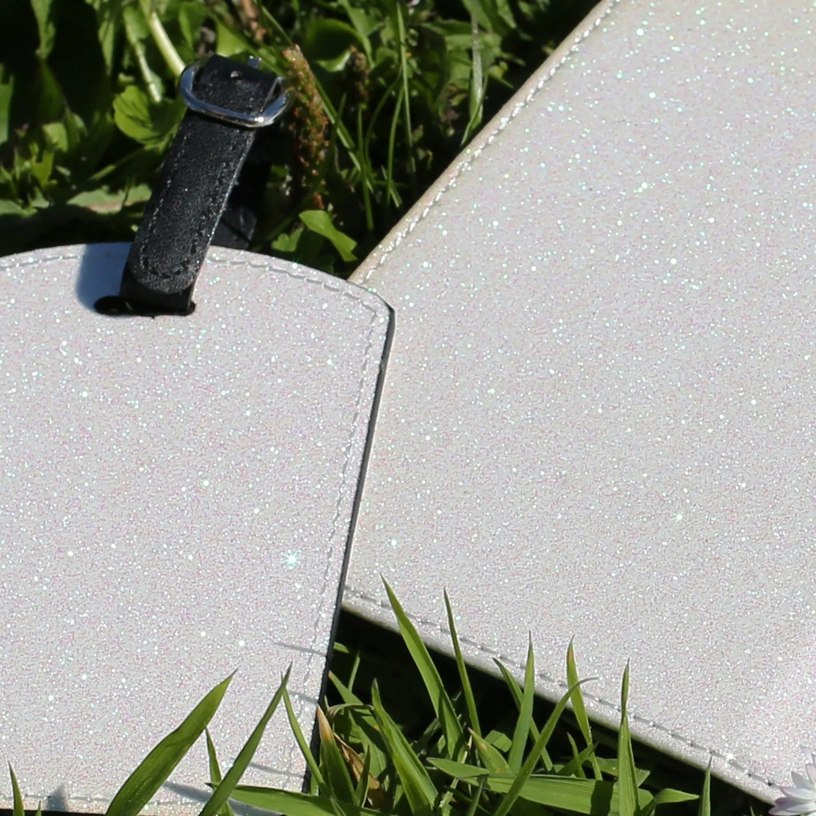 Personalised Passport Case & Tag with Black World Map & Text - White Glitter
