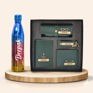 Personalized All in One Men's Combo (4 pcs) & Customized Rainbow Stainless Steel Water Bottles - Olive Green