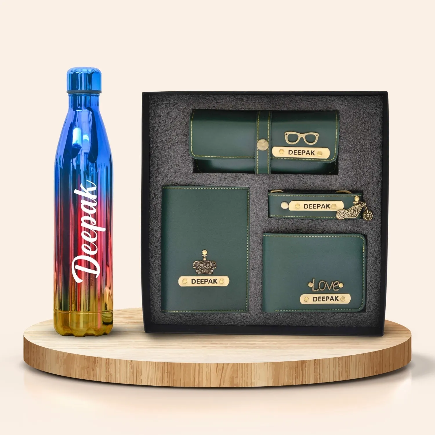 Personalized All in One Men's Combo (4 pcs) & Customized Rainbow Stainless Steel Water Bottles - Olive Green