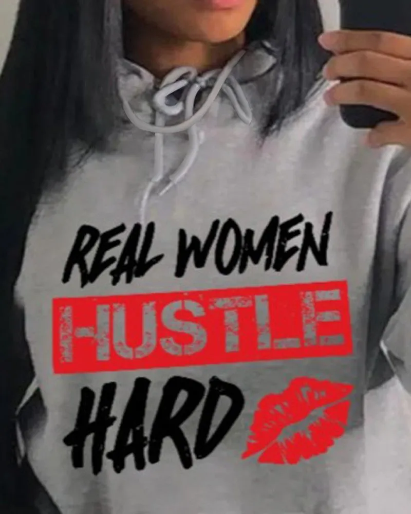 Plus Size Valentine's Day Letter Lip Print Casual Hoodie