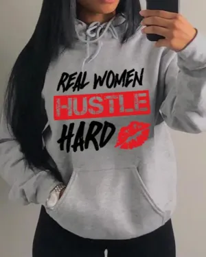 Plus Size Valentine's Day Letter Lip Print Casual Hoodie