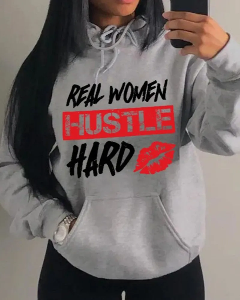 Plus Size Valentine's Day Letter Lip Print Casual Hoodie