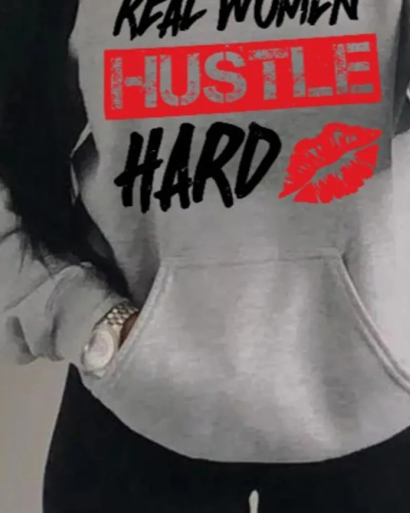Plus Size Valentine's Day Letter Lip Print Casual Hoodie