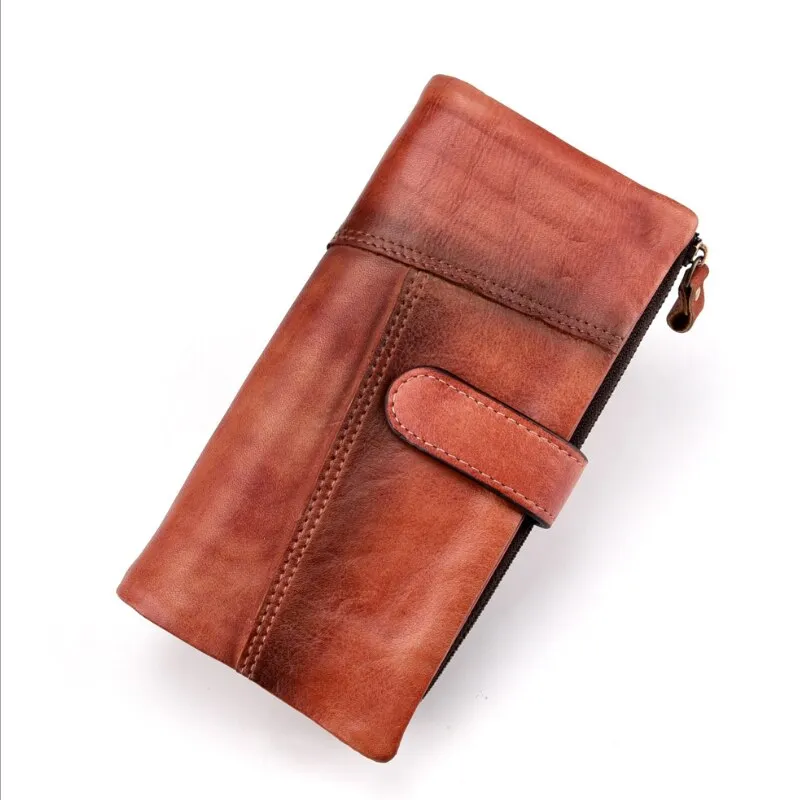 Realaiot Vintage Fashion Wax oil skin Long Purse Genuine Leather Notecase For Ladies Girls 2 Folds Long Wallet RIFD Men Wallet