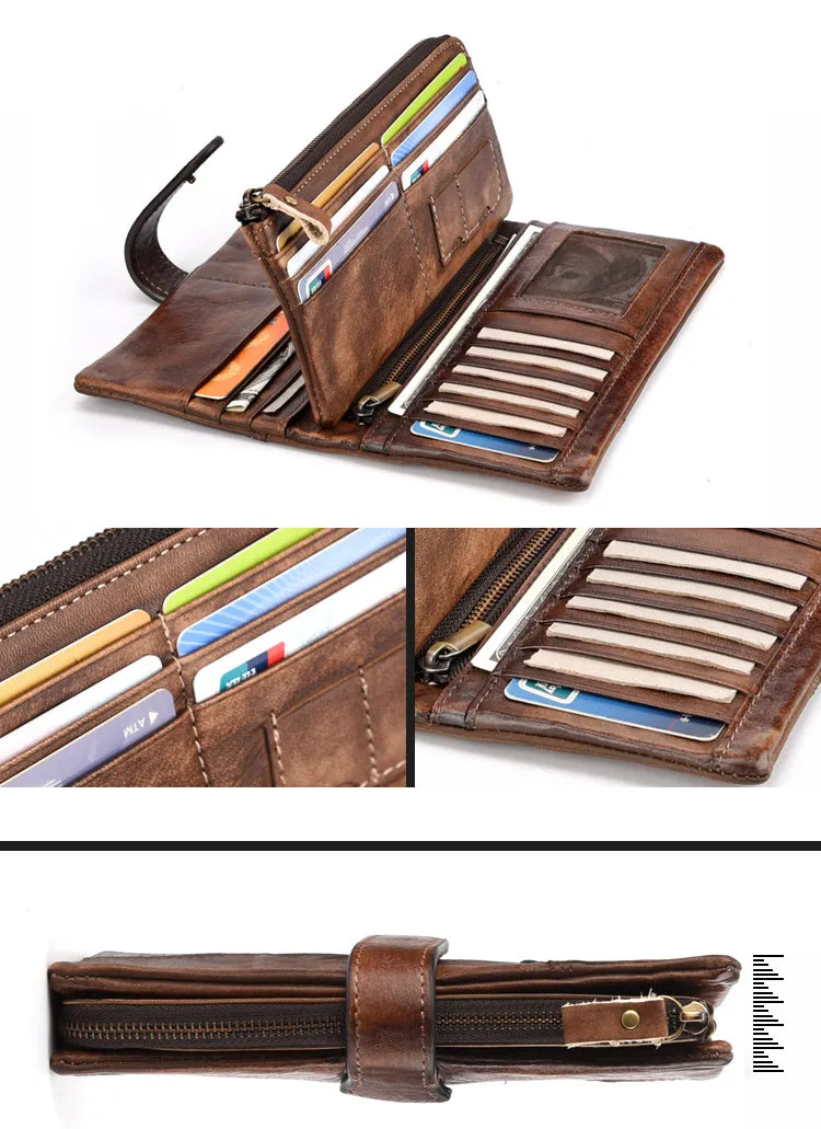 Realaiot Vintage Fashion Wax oil skin Long Purse Genuine Leather Notecase For Ladies Girls 2 Folds Long Wallet RIFD Men Wallet