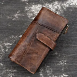 Realaiot Vintage Fashion Wax oil skin Long Purse Genuine Leather Notecase For Ladies Girls 2 Folds Long Wallet RIFD Men Wallet