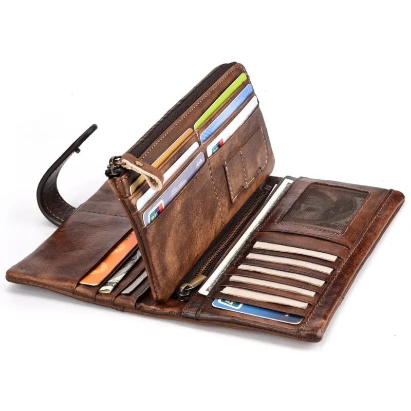 Realaiot Vintage Fashion Wax oil skin Long Purse Genuine Leather Notecase For Ladies Girls 2 Folds Long Wallet RIFD Men Wallet