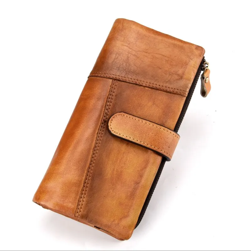 Realaiot Vintage Fashion Wax oil skin Long Purse Genuine Leather Notecase For Ladies Girls 2 Folds Long Wallet RIFD Men Wallet