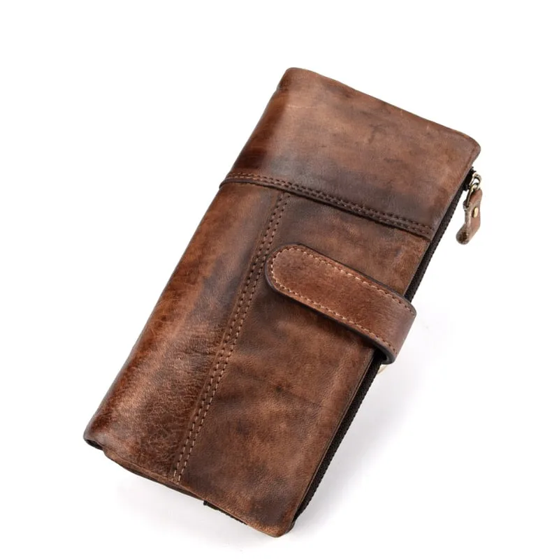 Realaiot Vintage Fashion Wax oil skin Long Purse Genuine Leather Notecase For Ladies Girls 2 Folds Long Wallet RIFD Men Wallet