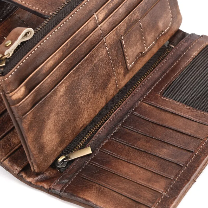Realaiot Vintage Fashion Wax oil skin Long Purse Genuine Leather Notecase For Ladies Girls 2 Folds Long Wallet RIFD Men Wallet