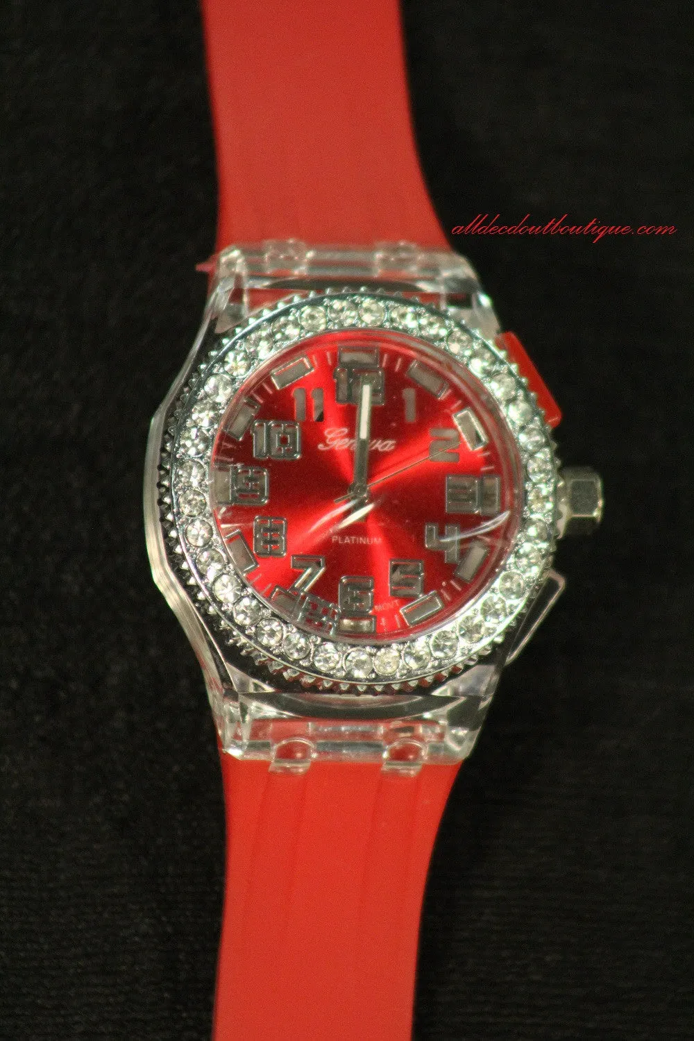 Red, Clear Crystals Light Up Large Face | Silicone Band with Clasp