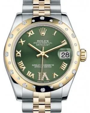 Rolex Datejust 31 Lady Midsize Yellow Gold/Steel Olive Green Roman Diamond VI Dial & Diamond Set Domed Bezel Jubilee Bracelet 178343