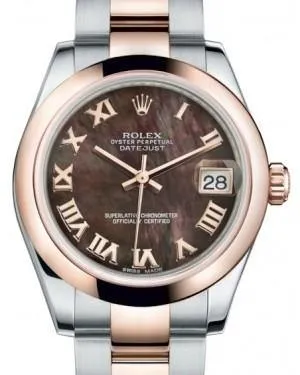 Rolex Datejust 31MM Lady Midsize Rose Gold/Steel Black Mother of Pearl Roman Dial & Smooth Domed Bezel Oyster Bracelet 178241 - NEW