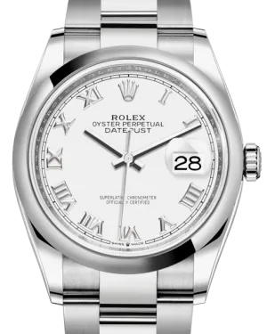 Rolex Datejust 36 Stainless Steel White Roman Dial & Smooth Domed Bezel Oyster Bracelet 126200