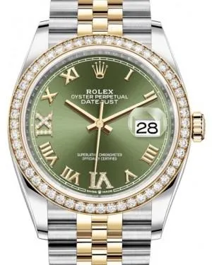 Rolex Datejust 36 Yellow Gold/Steel Olive Green Roman Diamond VI Dial & Diamond Bezel Jubilee Bracelet 126283RBR