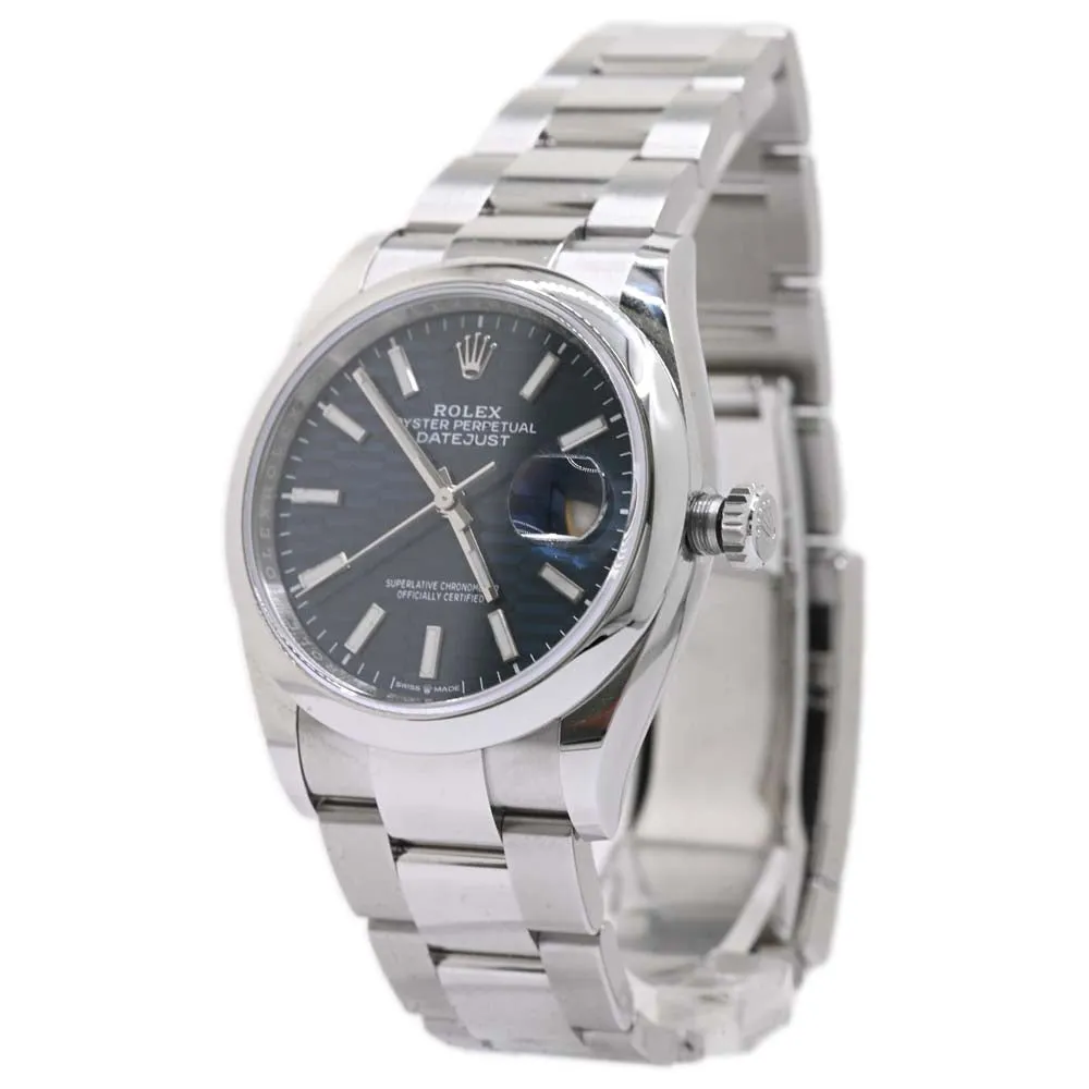 Rolex DateJust 36mm Bright Blue Fluted Motif Stick Dial Watch Reference #: 126200