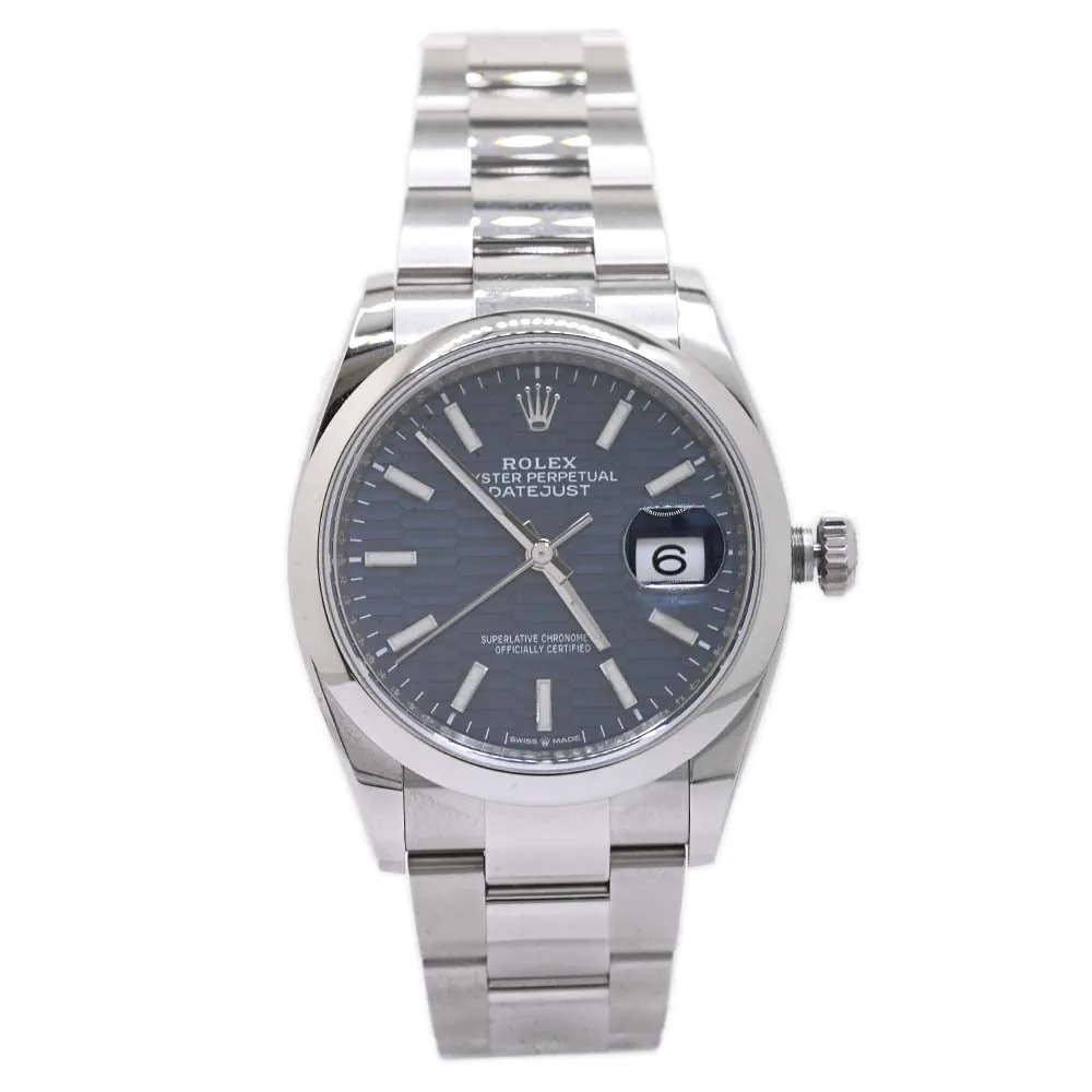 Rolex DateJust 36mm Bright Blue Fluted Motif Stick Dial Watch Reference #: 126200