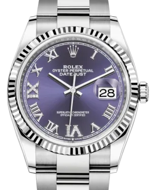 Rolex Datejust 36MM White Gold/Steel Aubergine Roman & Diamond Dial & Fluted Bezel Oyster Bracelet 126234 - NEW