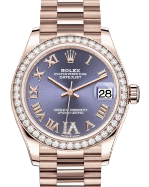 Rolex Lady-Datejust 31 Rose Gold Aubergine Roman Diamond VI Dial & Diamond Bezel President Bracelet 278285RBR