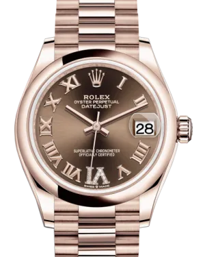 Rolex Lady-Datejust 31 Rose Gold Chocolate Roman Diamond VI Dial & Smooth Domed Bezel President Bracelet 278245