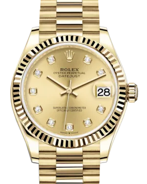 Rolex Lady-Datejust 31 Yellow Gold Champagne Diamond Dial & Fluted Bezel President Bracelet 278278
