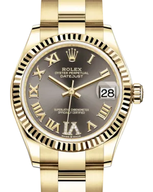 Rolex Lady-Datejust 31 Yellow Gold Dark Grey Roman Diamond VI Dial & Fluted Bezel Oyster Bracelet 278278