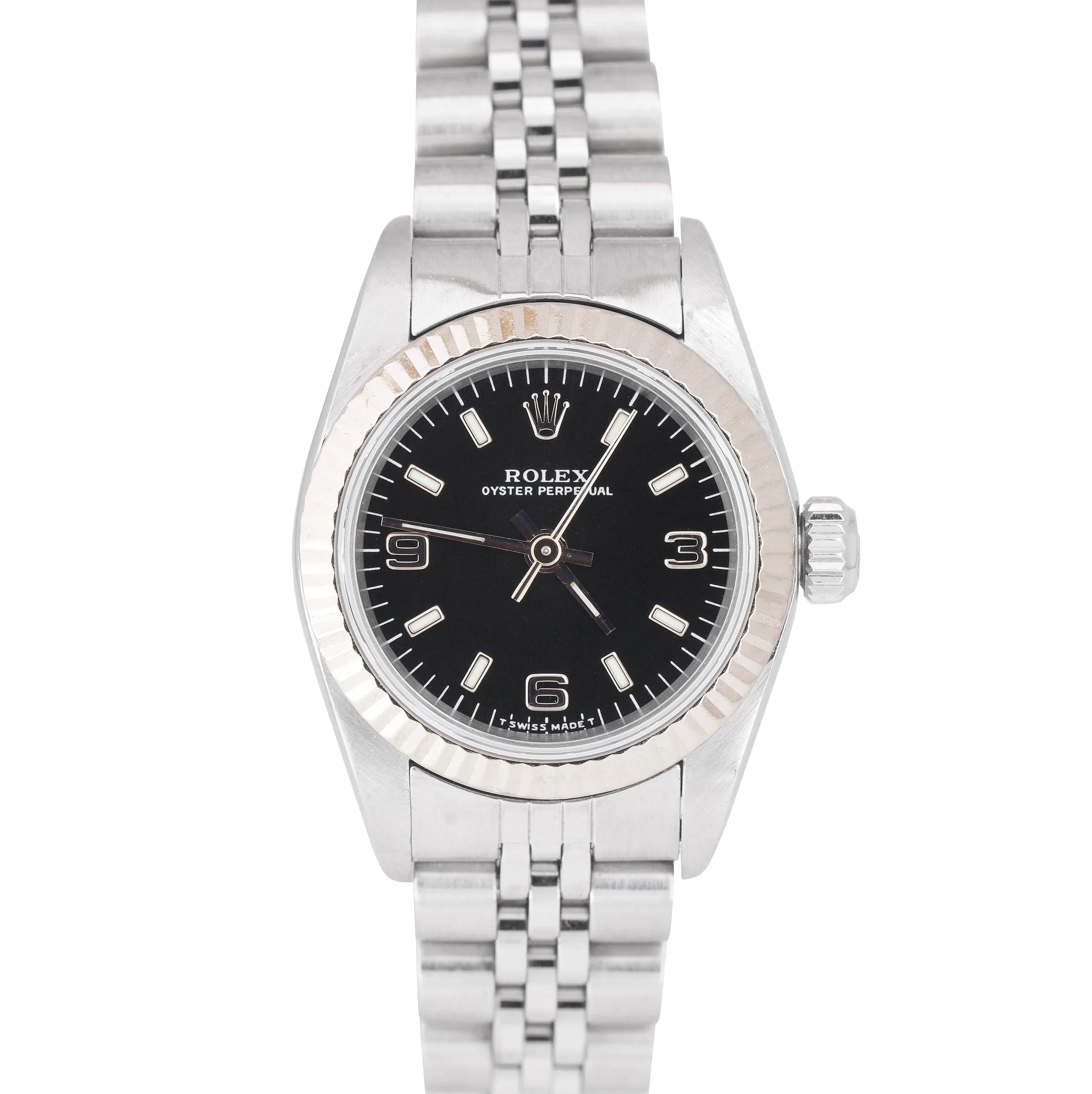 Rolex Oyster Perpetual 24mm Fluted Black Explorer 3-6-9 Dial Jubilee Watch 67194