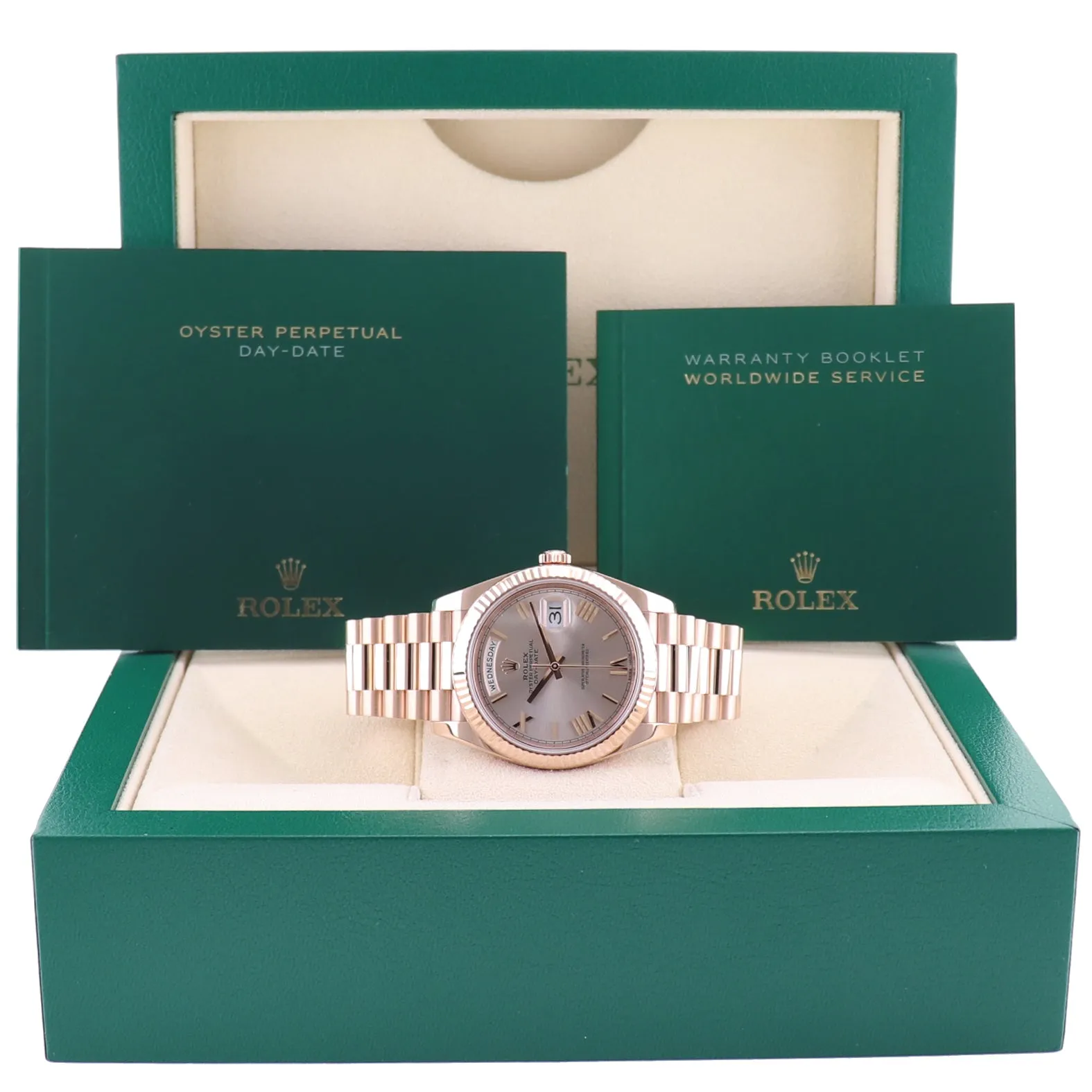 Rolex President 40mm 18k Rose Gold Sundust Roman 228235 Watch Box