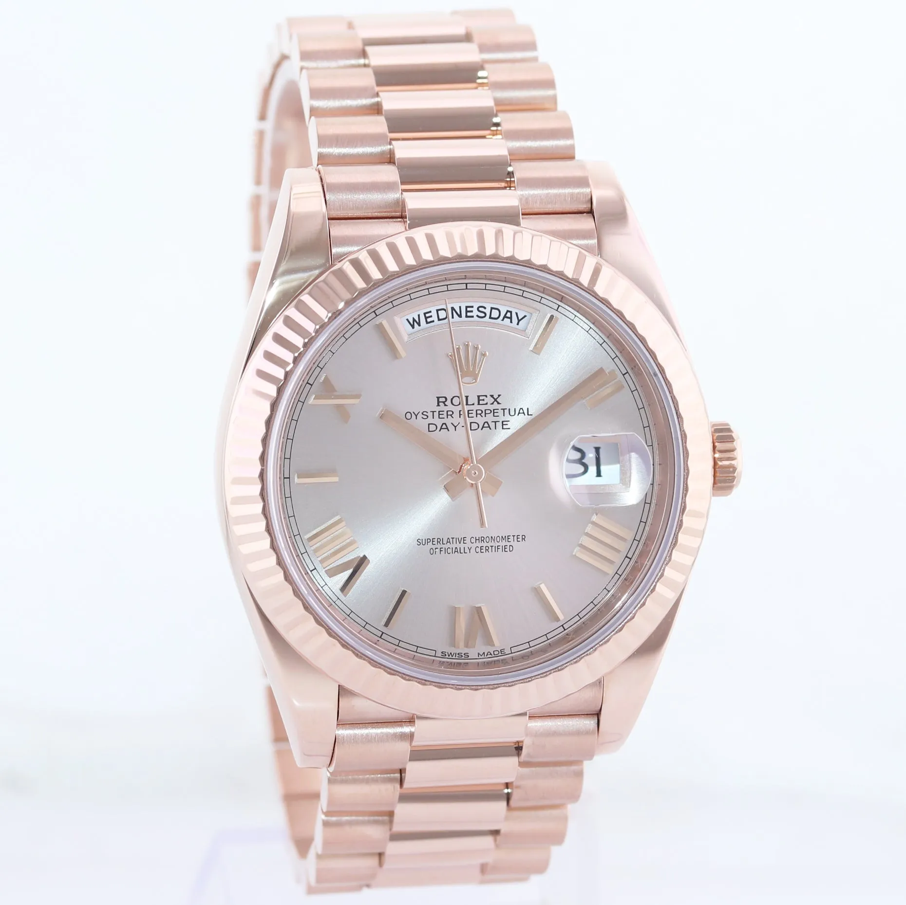Rolex President 40mm 18k Rose Gold Sundust Roman 228235 Watch Box
