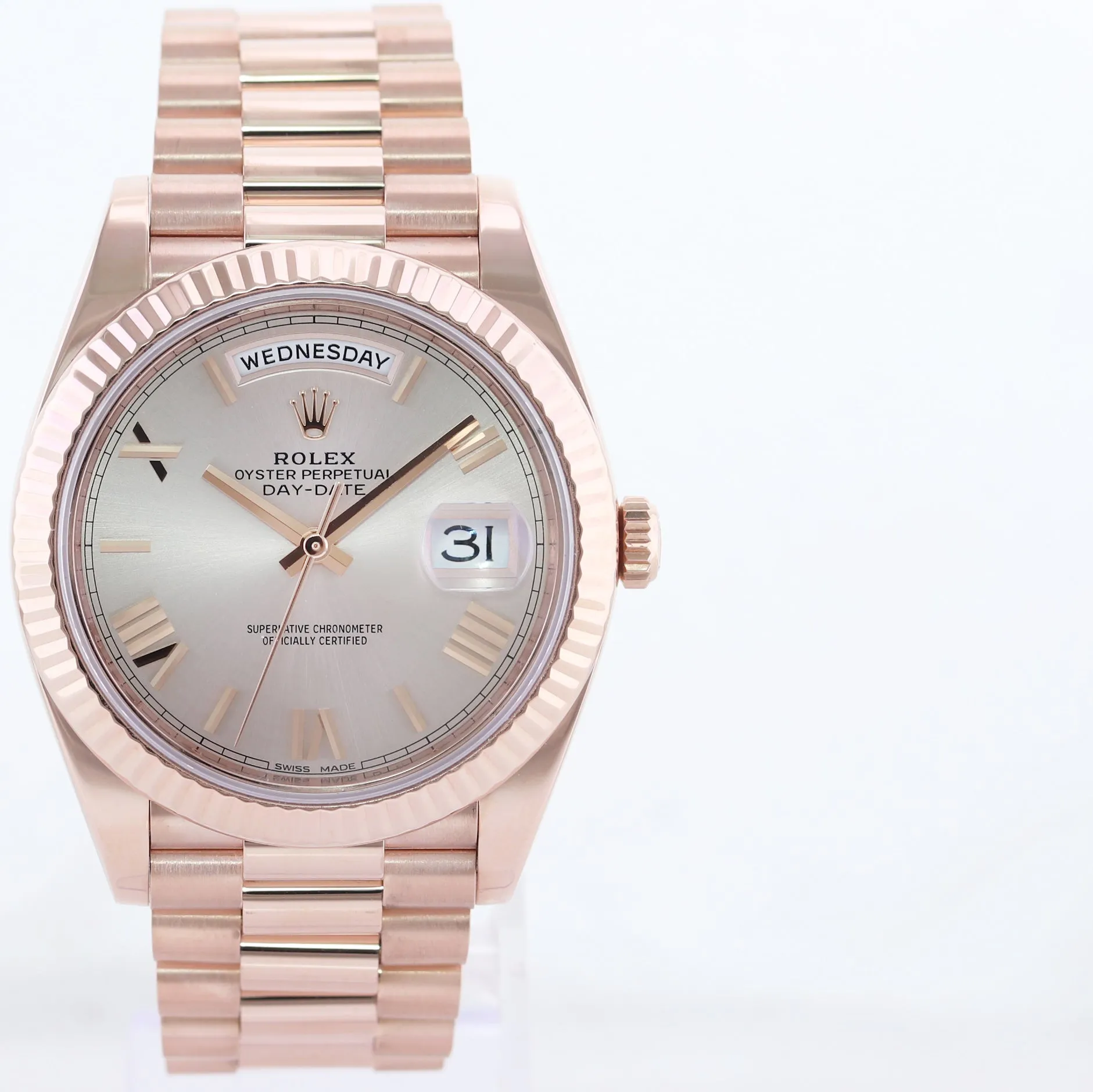 Rolex President 40mm 18k Rose Gold Sundust Roman 228235 Watch Box