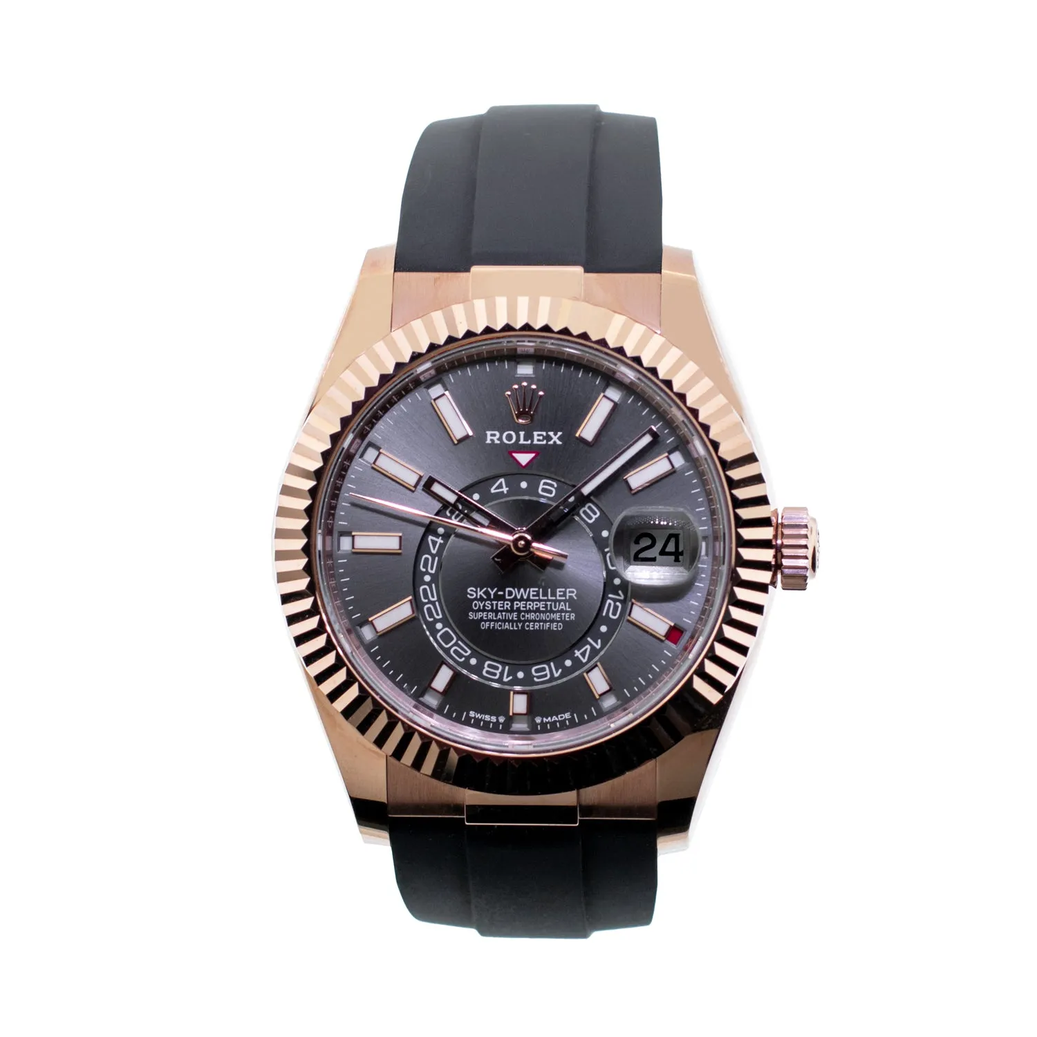 Rolex Sky-Dweller 42mm Everose Gold Rhodium Index Dial & Fluted Bezel 336235