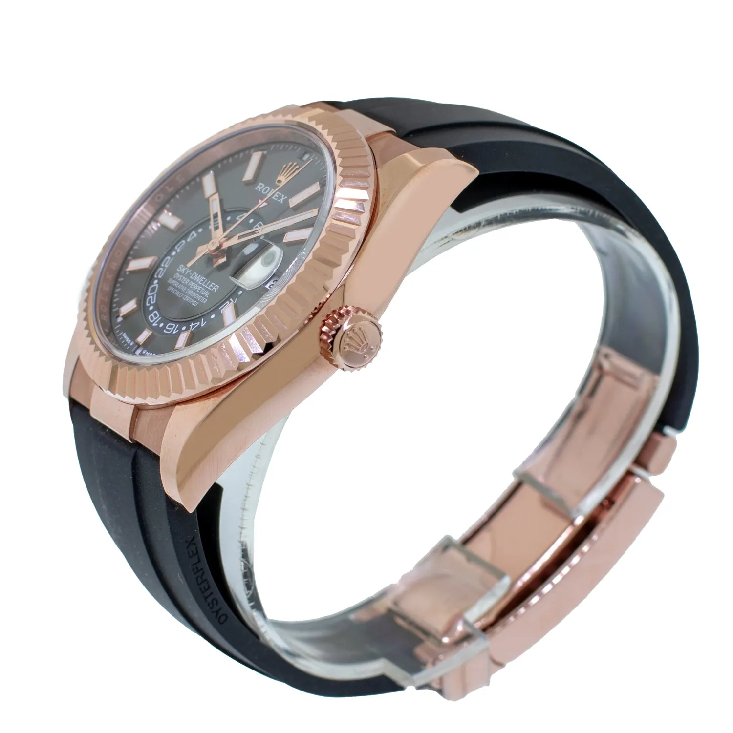 Rolex Sky-Dweller 42mm Everose Gold Rhodium Index Dial & Fluted Bezel 336235