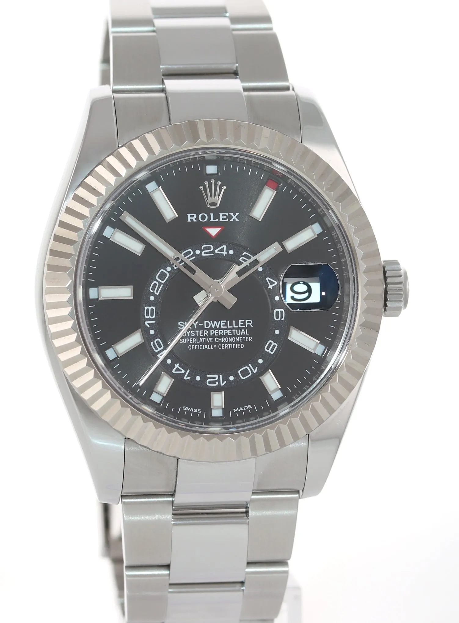 Rolex Sky-Dweller Steel White Gold Fluted Bezel 326934 42mm Black Watch Box