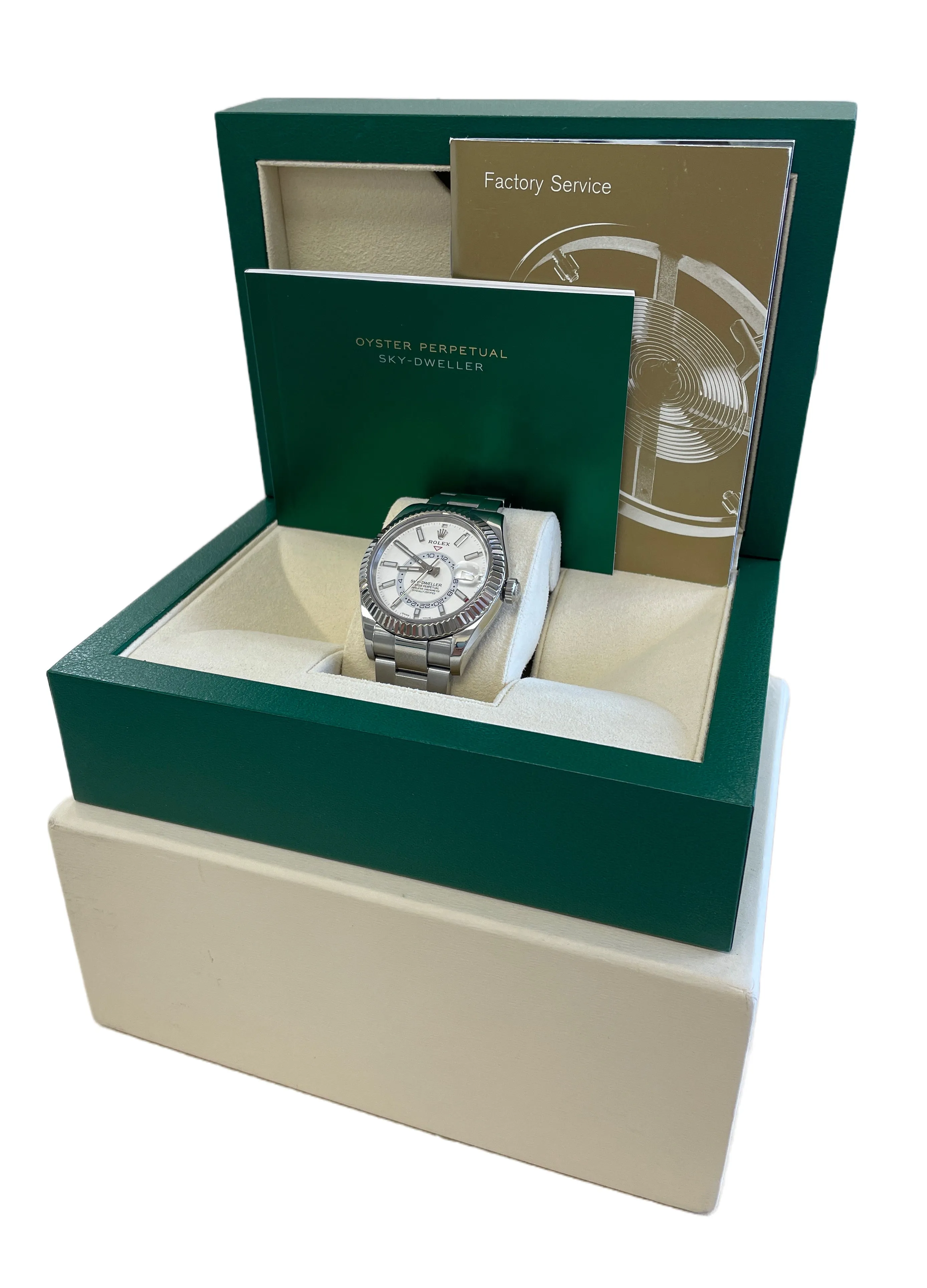 Rolex Sky-Dweller WHITE Stainless Steel 18k Gold Fluted 42mm 326934 Watch BOX