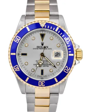 Rolex Submariner Date Slate Serti Blue Two-Tone 18K Gold Stainless Watch 16613