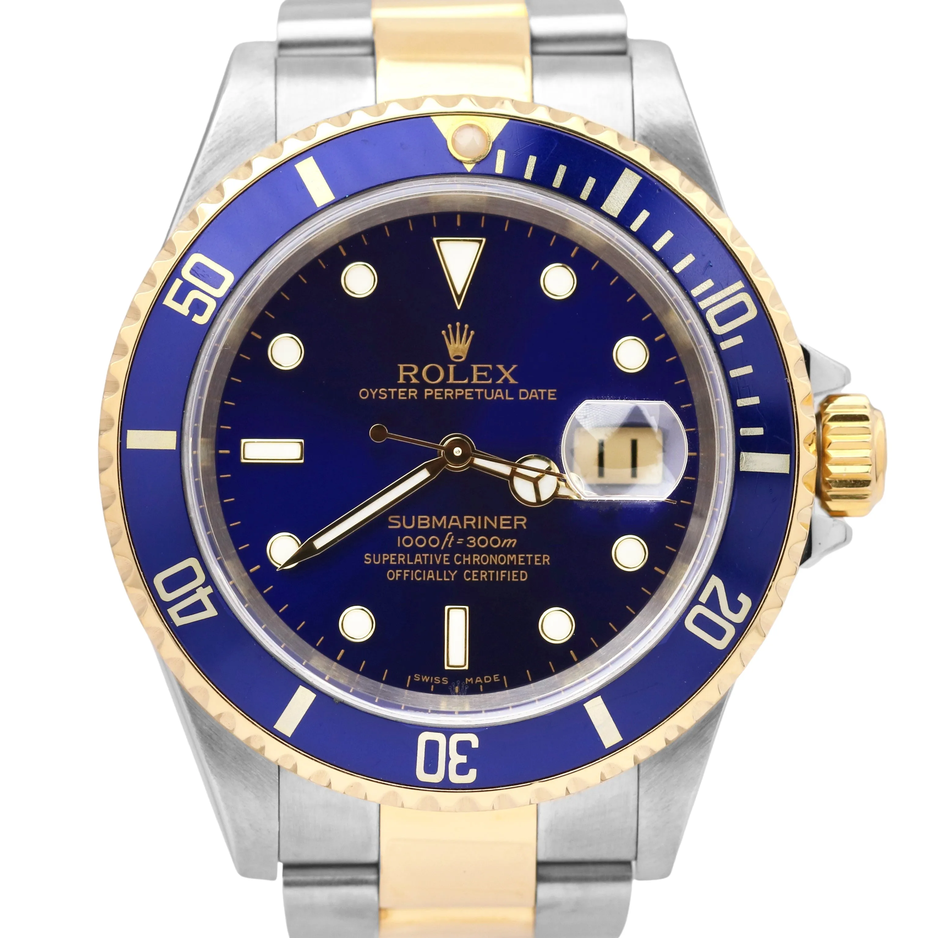 Rolex Submariner Date Two-Tone Gold Blue NO HOLES 40mm PAPERS Watch 16613 B P