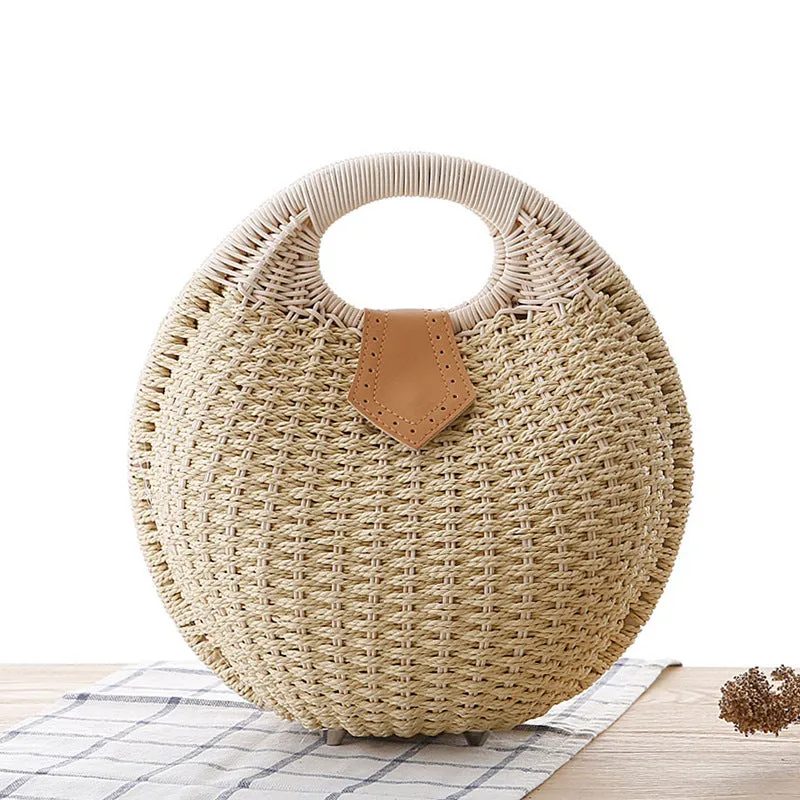 Rose – Round Woven Straw Bag with Vegan Leather Accent